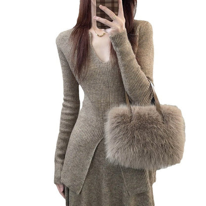 Damen Rippstrickpullover V-Ausschnitt Lässig Eveloria