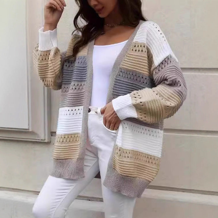 Damen Strickcardigan Groß Lochmuster Farbblockdesign Eveloria