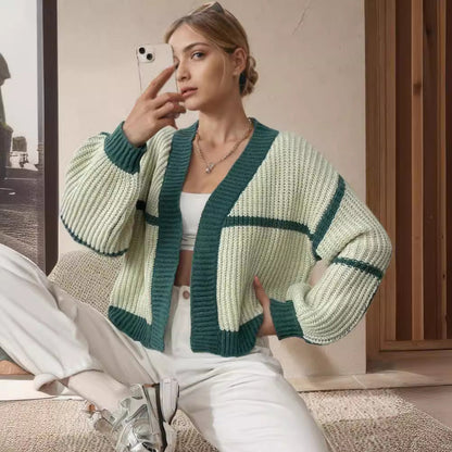 Damen Strickcardigan Blockstreifenmuster Weiß