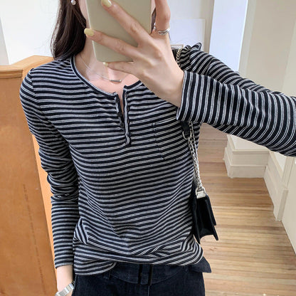 Damen Langarmshirt Streifenmuster Knöpfe Weiß