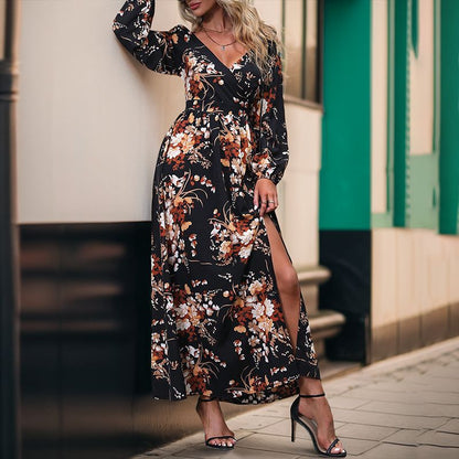 Damen Maxikleid Floralmuster Schlitz