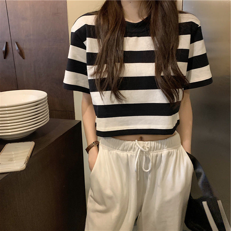Damen T-Shirt Streifenmuster Lässig Cropped Baumwolle Weiß