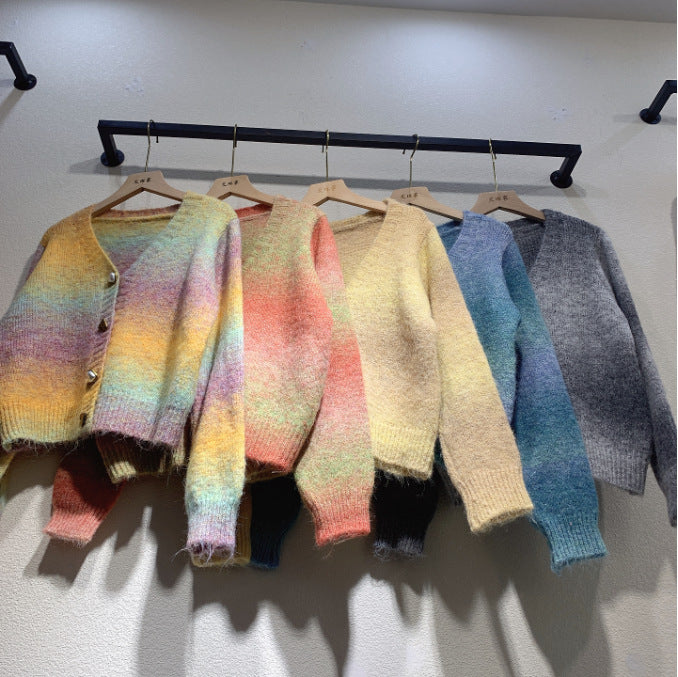Damen Strickjacke Farbverlauf Herzknöpfe Eveloria