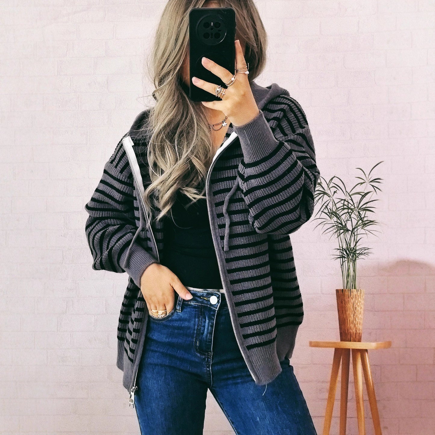 Damen Hoodie Lässig Gestreift Mit Taschen Eveloria