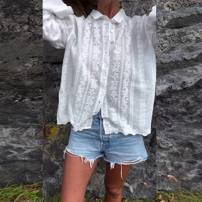 Damen Bluse Florale Stickerei Strukturiert Eveloria