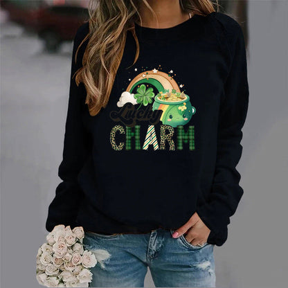 Damen Sweatshirt Glücks-Motiv Eveloria Baumwolle Weiß
