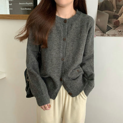 Damen Strickcardigan Großtaschen Knopfdetails Anthrazit