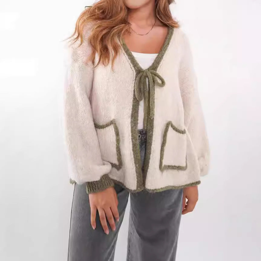 Damen Strickjacke Lässig Kordelzug Elegante Taschen Beige