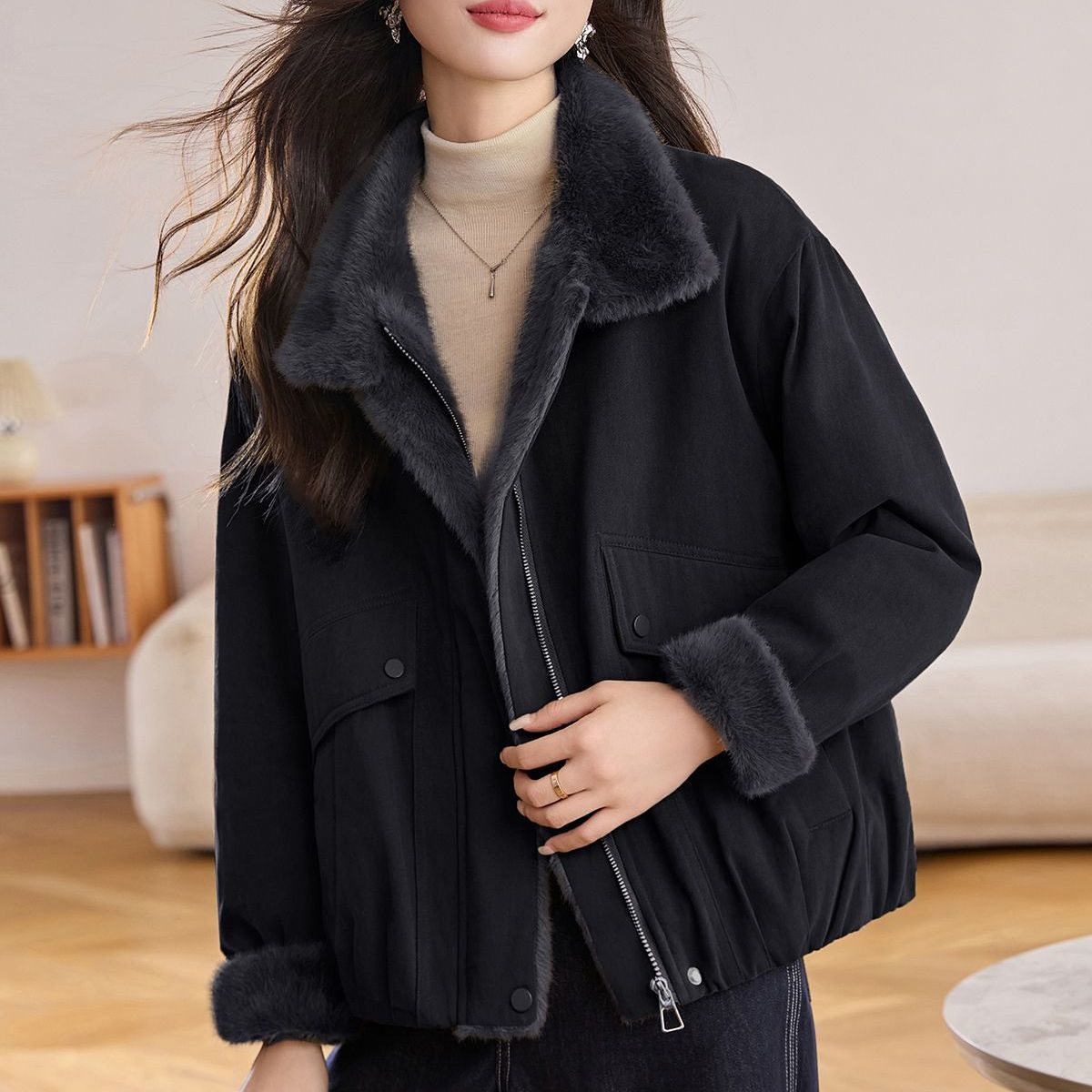 Damen Steppjacke Warm Flauschiger Kragen Eveloria