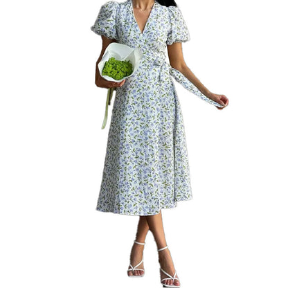 Damen Wickelkleid Voluminöse Puffärmel Floralmuster
