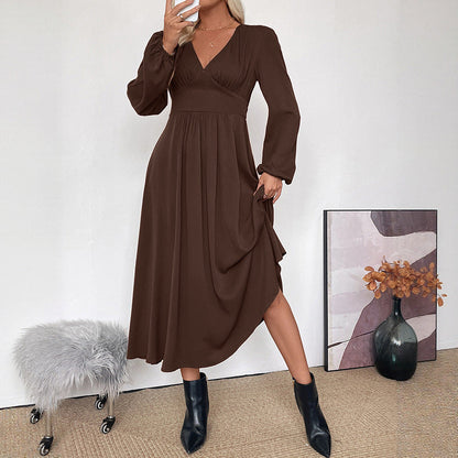 Damen Maxi-Kleid V-Ausschnitt Ballonärmel Eveloria