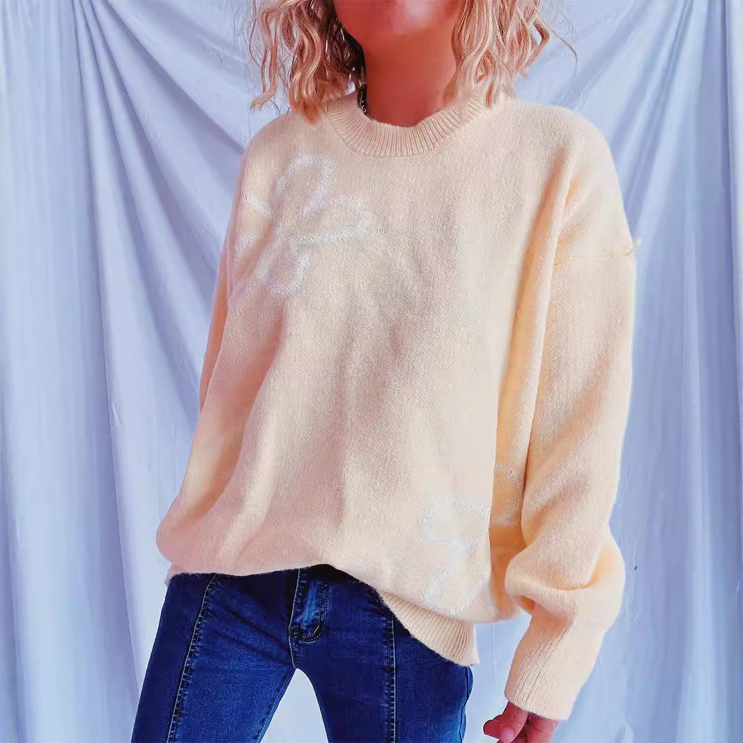 Damen Strickpullover Oversized Floralmuster Beige