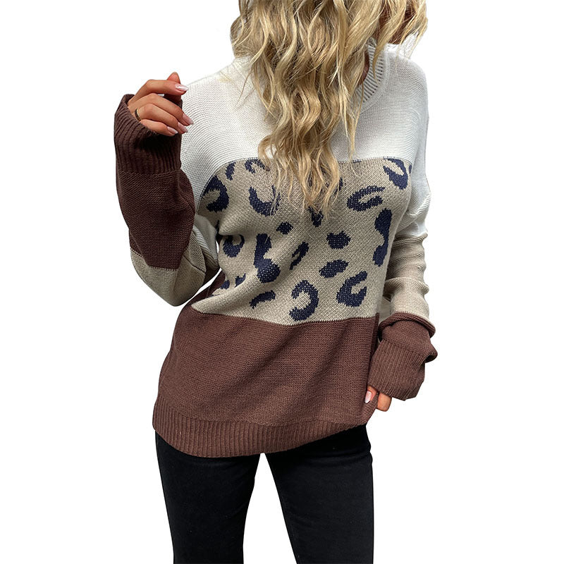 Damen Strickpullover Tiermuster Farbblockdesign Grau Beige
