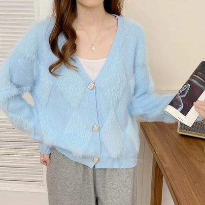 Damen Strickjacke Flauschig mit Knöpfen Beige