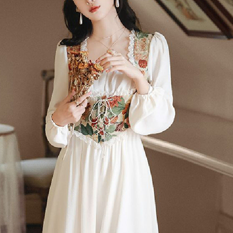 Damen Festkleid Florales Oberteil Länge Lang Ärmel - Eveloria