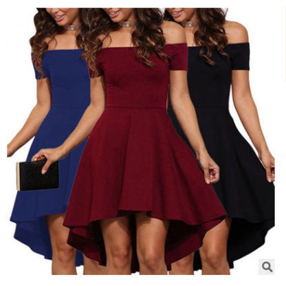 Damen Off-Shoulder Kleid Asymmetrischer Saum Figurbetonter Stoff