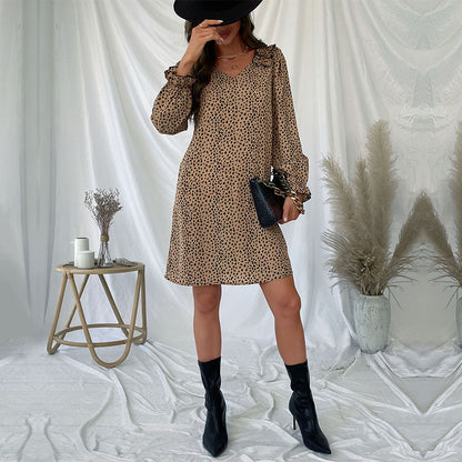 Damen Minikleid Rüschendetails Leopardenmuster Eveloria