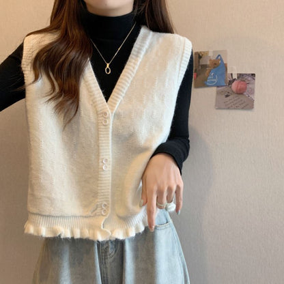 Damen Strickweste Rüschensaum Eveloria