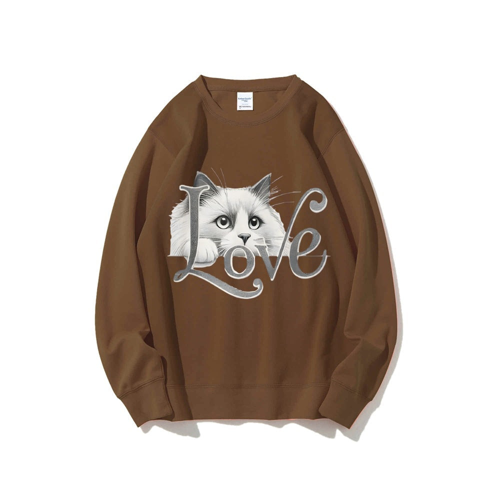 Damen Sweatshirt Katzenmotiv Lässig Grau Eveloria