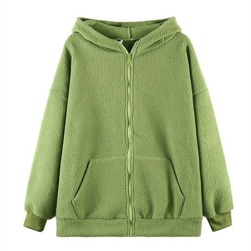 Damen Fleecejacke Kuschelig Mit Ohren Praktische Taschen