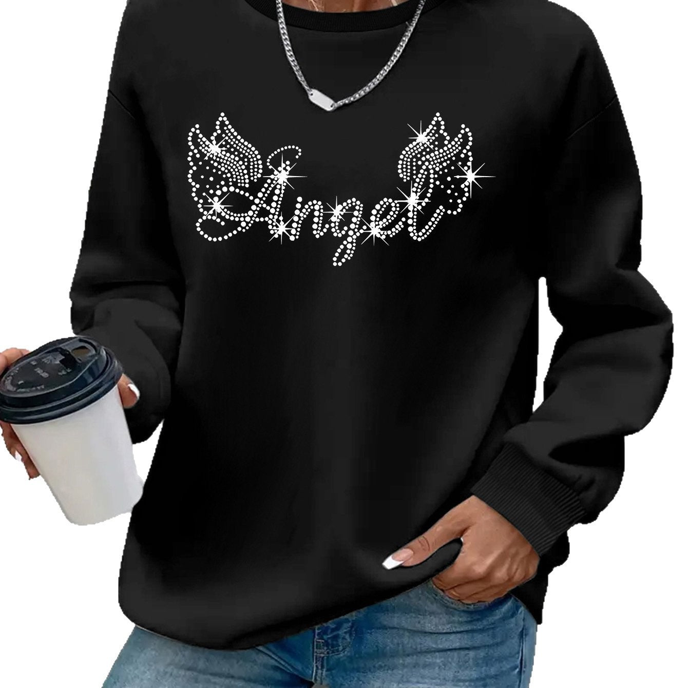 Damen Sweatshirt Glitzer Aufdruck Lässiger Schnitt Eveloria