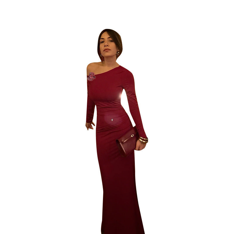 Damen Maxikleid Asymmetrischer Ausschnitt Figurbetont Eveloria