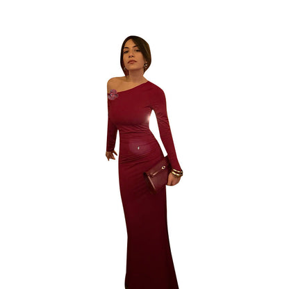 Damen Maxikleid Asymmetrischer Ausschnitt Figurbetont Eveloria