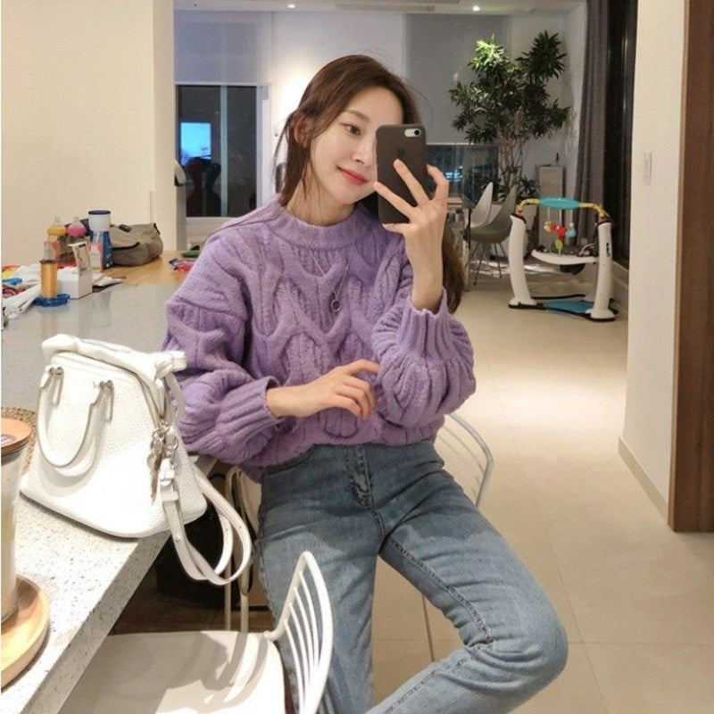 Damen Grobstrickpullover Zopfmuster Lässig