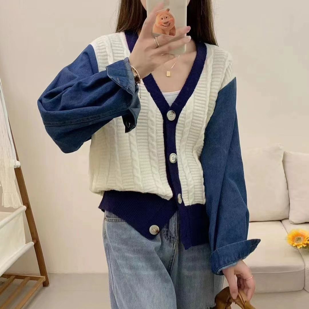 Damen Strickcardigan mit Denim-Ärmeln Blau Eveloria