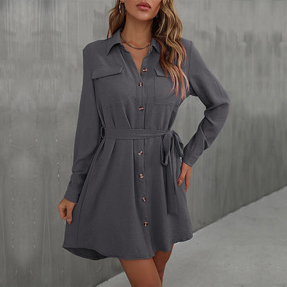 Damen Hemdblusenkleid Taillierbarer Gürtel Elegante Knöpfe