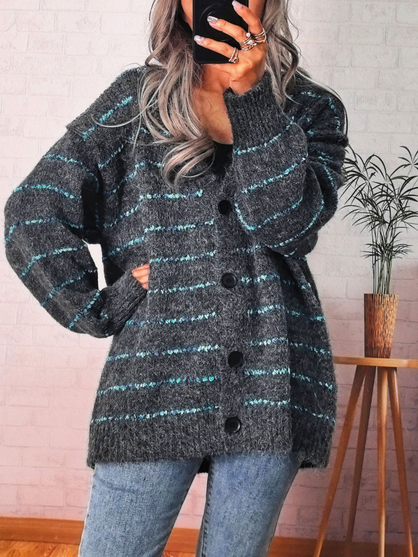 Damen Strickjacke Kuschelig Kontraststreifen Eveloria