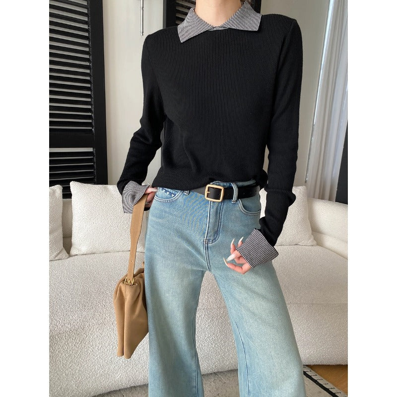 Damen Pullover Gestreift Klassischer Kragen Rippstruktur Eveloria