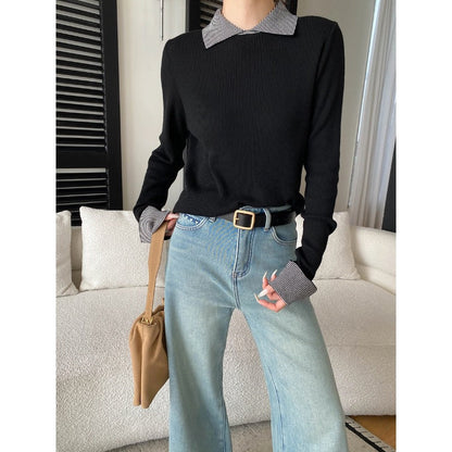 Damen Pullover Gestreift Klassischer Kragen Rippstruktur Eveloria
