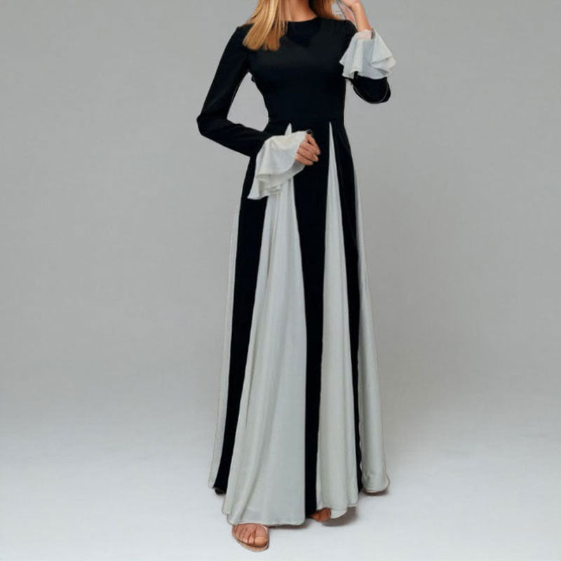 Damen Maxikleid mit Trompetenärmeln und Farbkontrast - Eveloria