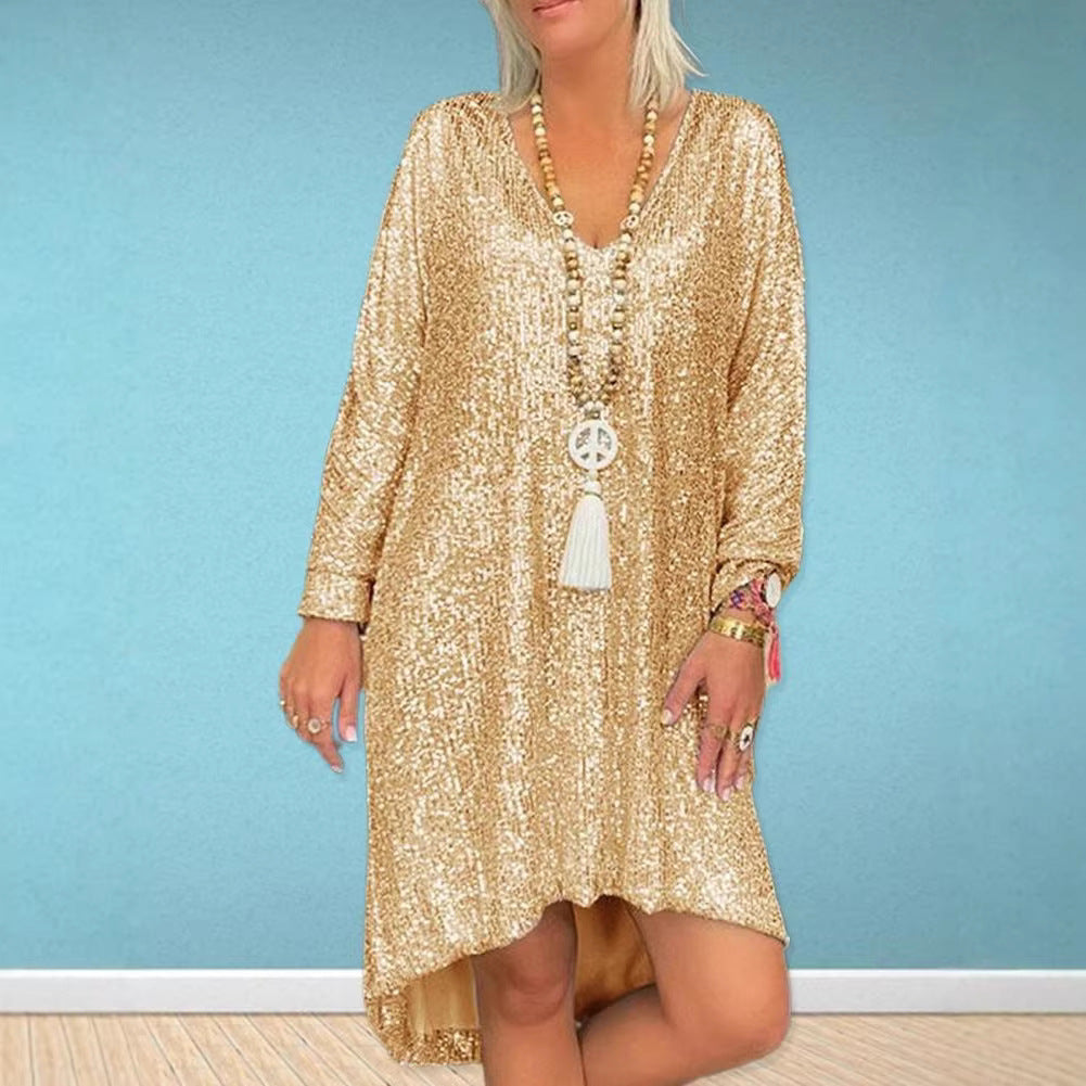 Damen Oversized Kleid Glitzernd V-Ausschnitt Langärmlig Eveloria - Eveloria