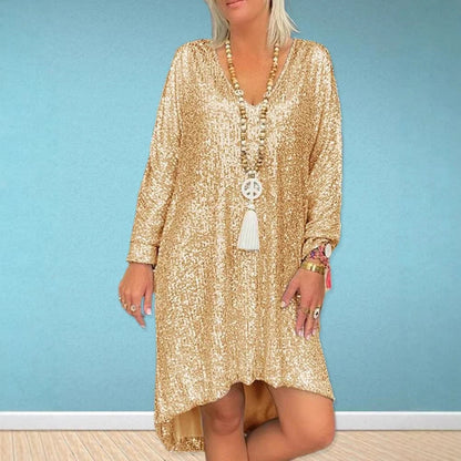 Damen Oversized Kleid Glitzernd V-Ausschnitt Langärmlig Eveloria - Eveloria