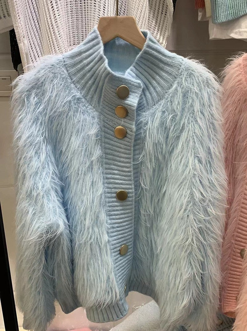 Damen Strickjacke Kuschelig Knopfverschluss Hochkragen Beige
