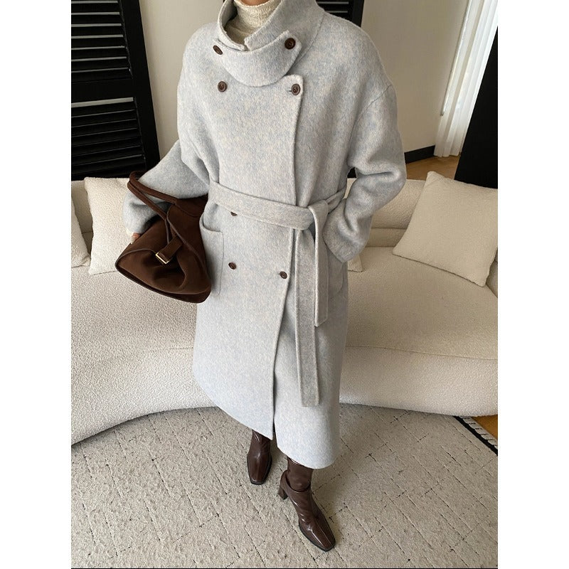 Damen Wollmantel Elegant Doppelter Knopfleiste Taillengürtel Schwarz - Eveloria
