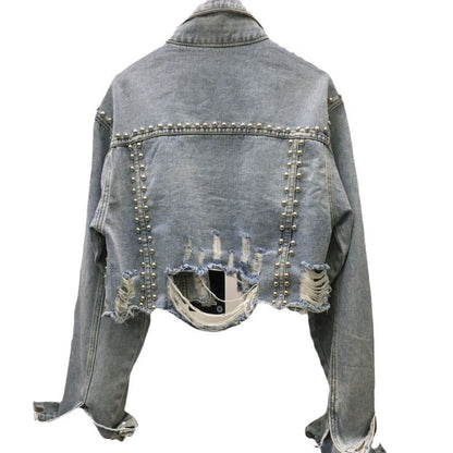 Damen Denimjacke Nieten Fransen Blau Eveloria
