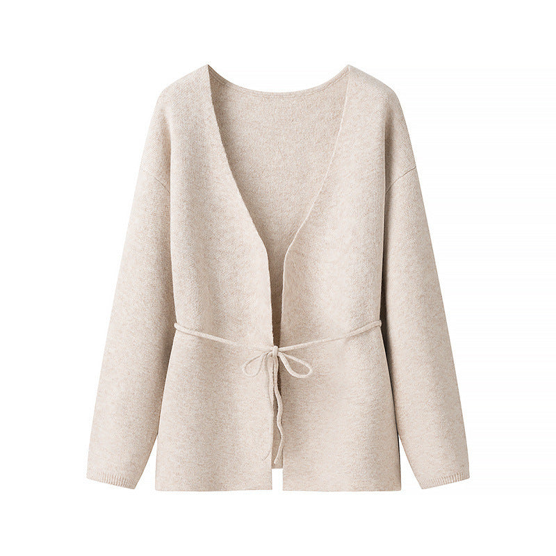 Damen Strickjacke Kuschelig Mit Bindegürtel Beige