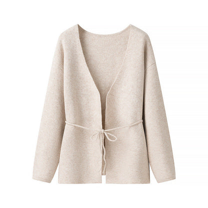 Damen Strickjacke Kuschelig Mit Bindegürtel Beige