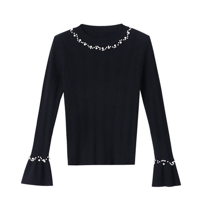 Damen Langarm Pullover Perlenschmuck Eveloria