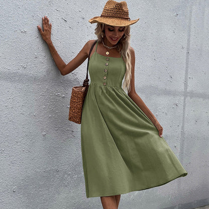 Damen Midi-Kleid mit Knopfleiste und verstellbaren Trägern Eveloria