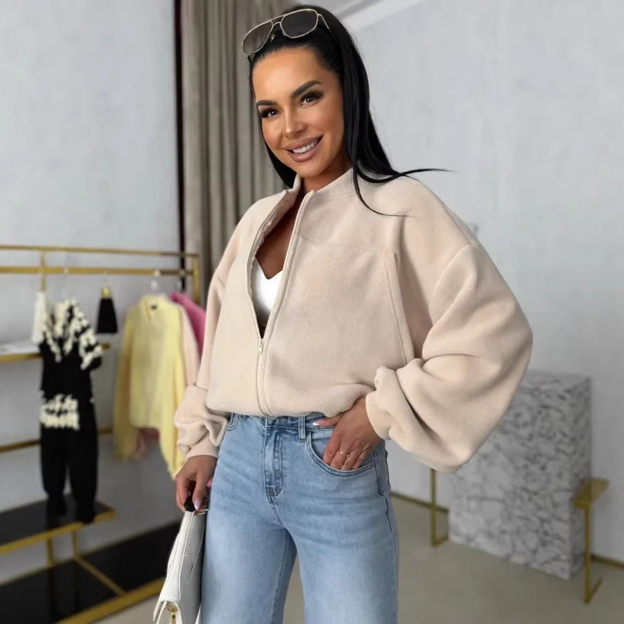Damen Fleecejacke mit Volumenärmeln Elastischer Bund