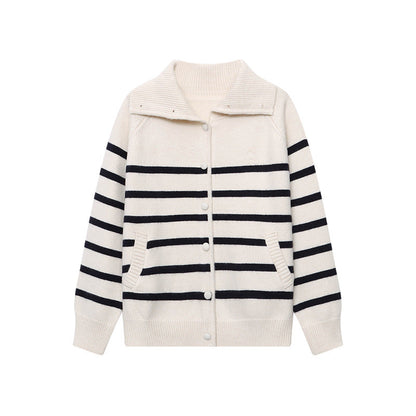 Damen Strickjacke Streifenmuster Kragen Beige