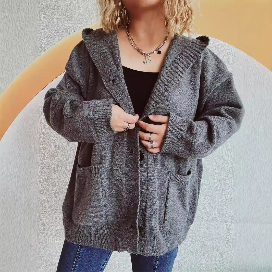 Damen Strickjacke Kapuze Aufgesetzte Taschen Kuschelig Grau Eveloria