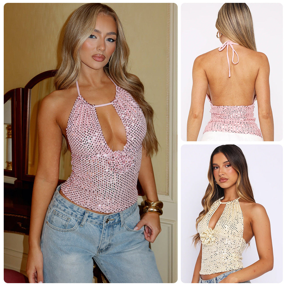 Damen Spitzentop mit Pailletten und Halterdesign Schwarz - Eveloria