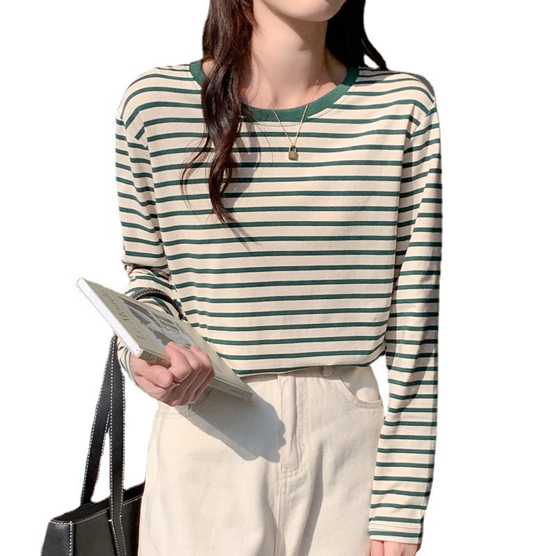 Damen Langarmshirt Streifenmuster Baumwolle Beige