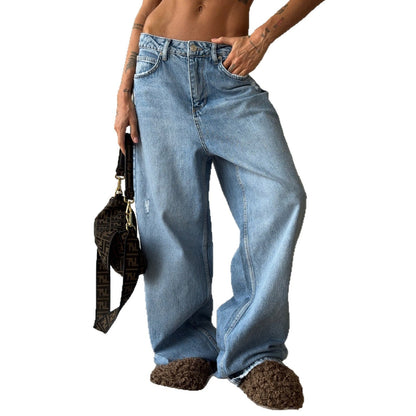 Damen Weite Jeans Destroyed Details Blau Eveloria