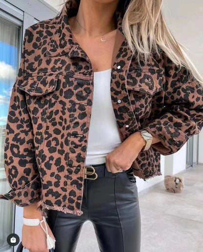 Damen Leoparden-Jeansjacke Oversized Französische Säume Braun